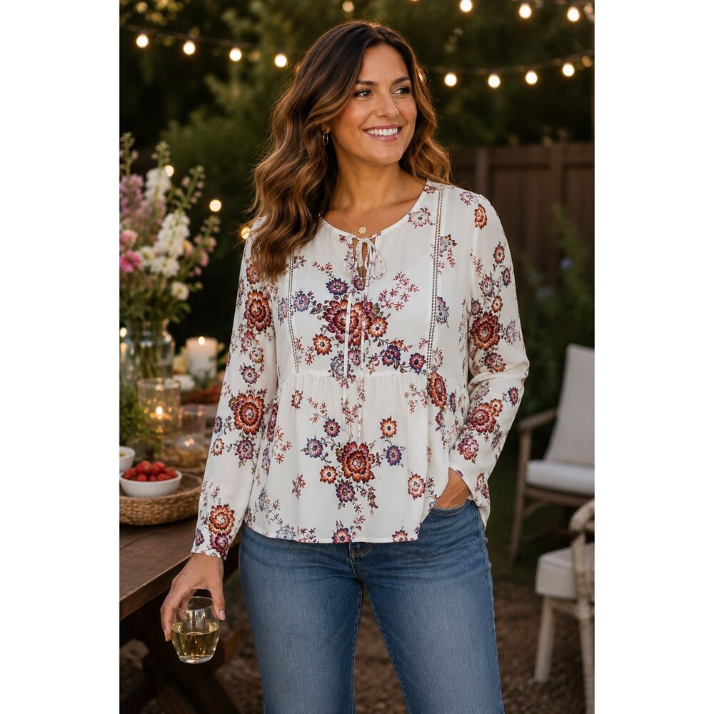 Bobeau Peasant Top Women's Size MP White Floral Tiered Ruffle Cottagecore